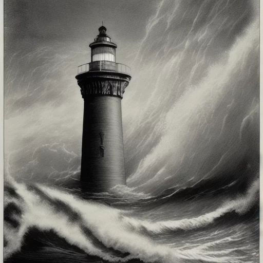 672376611-An old lighthouse against the backdrop of a raging sea. Antique black and white engraving from the Middle Ages. Gustave Dore.webp